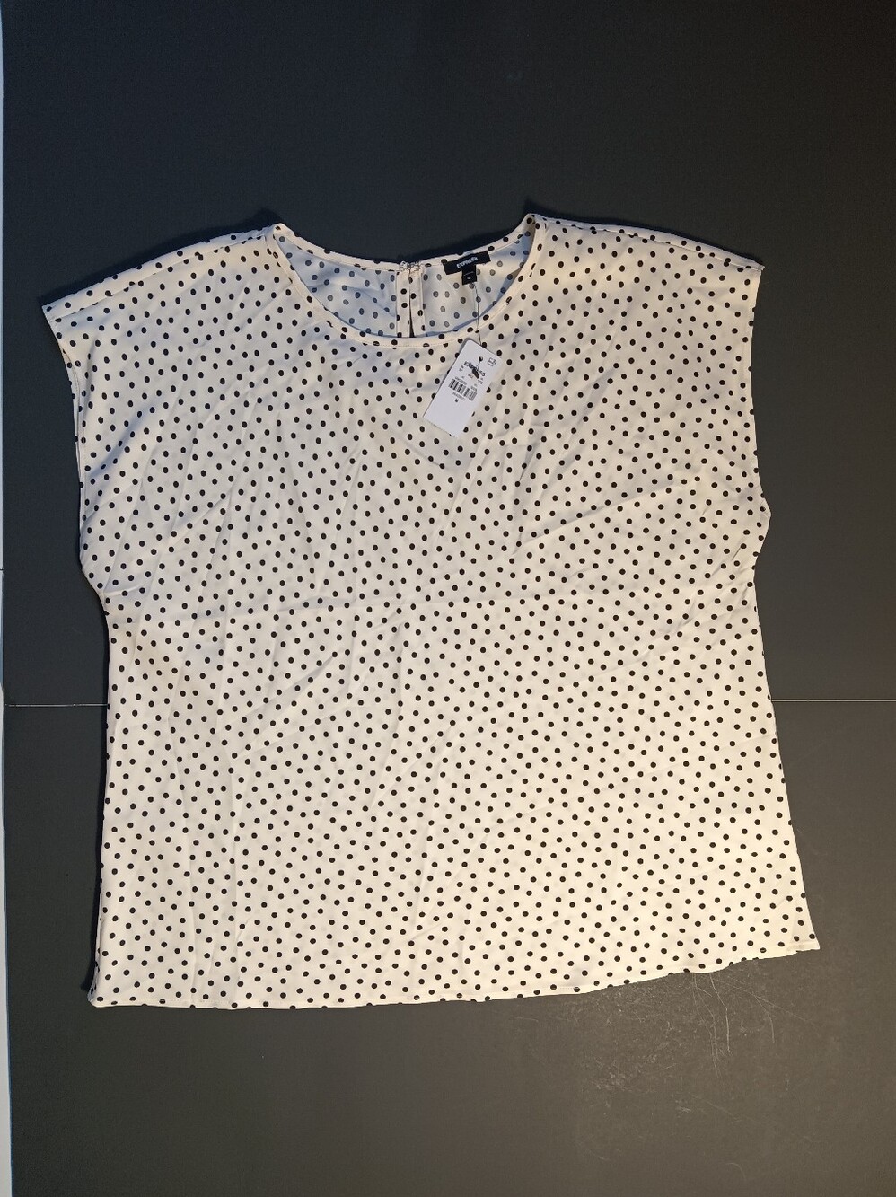 NWT Express Silky Blouse White/Cream with Black Polka Dots